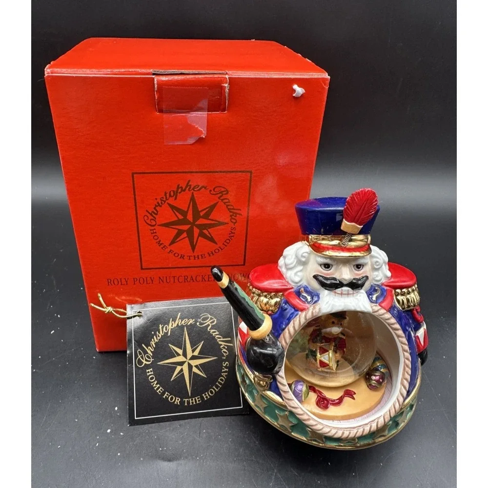 2001 CHRISTOPHER RADKO ROLY POLY NUTCRACKER & TEDDYBEAR SNOWGLOBE 01-6119-1 4.5